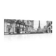 CANVAS PRINT VIEW OF THE EIFFEL TOWER FROM A STREET IN PARIS IN BLACK AND WHITE - BLACK AND WHITE PICTURES - PICTURES
