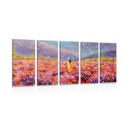 5-PIECE CANVAS PRINT GIRL IN A YELLOW DRESS IN A LAVENDER FIELD - PICTURES OF NATURE AND LANDSCAPE - PICTURES