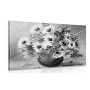 CANVAS PRINT OIL PAINTING OF SUMMER FLOWERS IN BLACK AND WHITE - BLACK AND WHITE PICTURES - PICTURES
