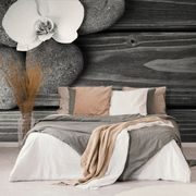 WALL MURAL BLACK AND WHITE STONES ON WOOD - BLACK AND WHITE WALLPAPERS - WALLPAPERS