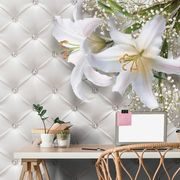 WALLPAPER ELEGANT LILY WITH LEATHER IMITATION - WALLPAPERS LILIES - WALLPAPERS