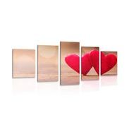 5-PIECE CANVAS PRINT RED HEARTS ON A WOODEN TEXTURE - PICTURES LOVE - PICTURES