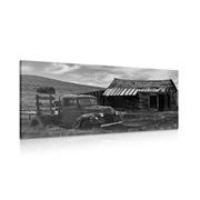 CANVAS PRINT CAR IN PICTURESQUE NATURE IN BLACK AND WHITE - BLACK AND WHITE PICTURES - PICTURES