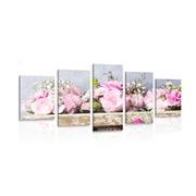 5-PIECE CANVAS PRINT CARNATION FLOWERS IN A WOODEN BOX - VINTAGE AND RETRO PICTURES - PICTURES