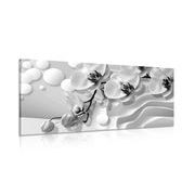 CANVAS PRINT BLACK AND WHITE ORCHID ON AN ABSTRACT BACKGROUND - BLACK AND WHITE PICTURES - PICTURES