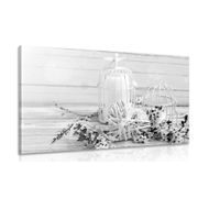 CANVAS PRINT CHERRY BRANCH AND LANTERNS IN BLACK AND WHITE - BLACK AND WHITE PICTURES - PICTURES