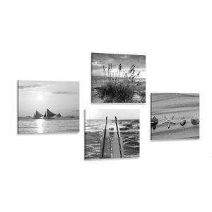 CANVAS PRINT SET SEA AND A BEACH IN BLACK AND WHITE - SET OF PICTURES - PICTURES