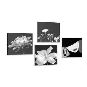 CANVAS PRINT SET ELEGANCE OF A WOMAN AND FLOWERS IN BLACK AND WHITE - SET OF PICTURES - PICTURES
