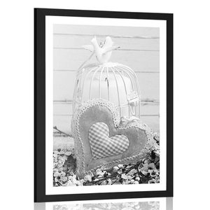 POSTER WITH MOUNT VINTAGE HEART AND LANTERNS IN BLACK AND WHITE - BLACK AND WHITE - POSTERS