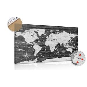 DECORATIVE PINBOARD BLACK AND WHITE MAP ON A WOODEN BACKGROUND - PICTURES ON CORK - PICTURES