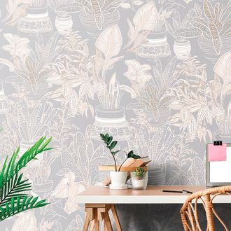 WALLPAPER BOTANICAL THEME IN GRAY-BEIGE SHADE - WALLPAPERS LEAVES - WALLPAPERS