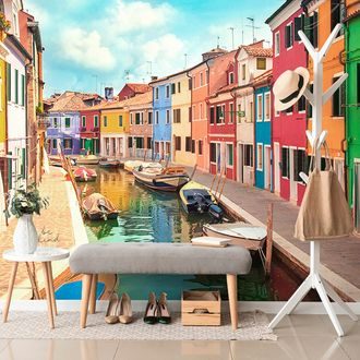 SELF ADHESIVE WALL MURAL PASTEL HOUSES IN A SMALL TOWN - SELF-ADHESIVE WALLPAPERS - WALLPAPERS