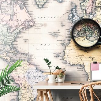 SELF ADHESIVE WALLPAPER WORLD MAP WITH A MAGNIFYING GLASS - SELF-ADHESIVE WALLPAPERS - WALLPAPERS