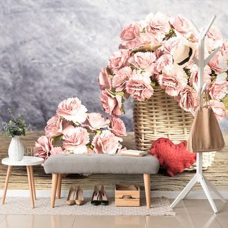 WALL MURAL BOUQUET OF CARNATIONS IN A BASKET - WALLPAPERS VINTAGE AND RETRO - WALLPAPERS