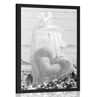 POSTER VINTAGE HEART AND LANTERNS IN BLACK AND WHITE - BLACK AND WHITE - POSTERS
