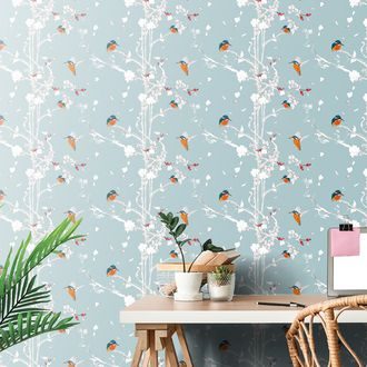 SELF ADHESIVE WALLPAPER BIRDS IN A DENSE FOREST WITH A BLUE BACKGROUND - SELF-ADHESIVE WALLPAPERS - WALLPAPERS