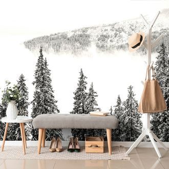WALL MURAL SNOWY BLACK AND WHITE PINE TREES - BLACK AND WHITE WALLPAPERS - WALLPAPERS