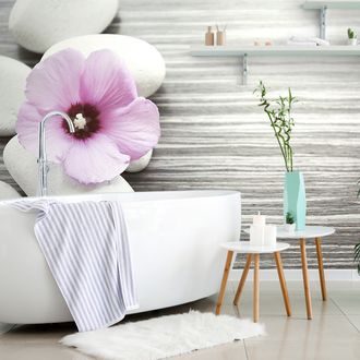 SELF ADHESIVE WALL MURAL INTERPLAY OF STONES AND A PINK FLOWER - SELF-ADHESIVE WALLPAPERS - WALLPAPERS