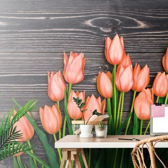 WALL MURAL ORANGE TULIPS ON A WOODEN BACKGROUND - WALLPAPERS FLOWERS - WALLPAPERS