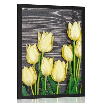 POSTER YELLOW TULIPS ON A WOODEN BACKGROUND - FLOWERS - POSTERS