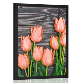 POSTER ORANGE TULIPS ON A WOODEN BACKGROUND - FLOWERS - POSTERS