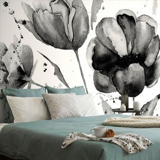 SELF ADHESIVE WALLPAPER BLACK AND WHITE TULIPS IN AN INTERESTING DESIGN - SELF-ADHESIVE WALLPAPERS - WALLPAPERS