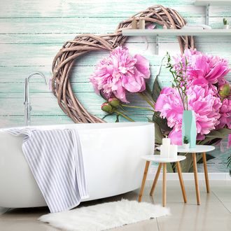 SELF ADHESIVE WALL MURAL PEONIES ON A WOODEN HEART - SELF-ADHESIVE WALLPAPERS - WALLPAPERS