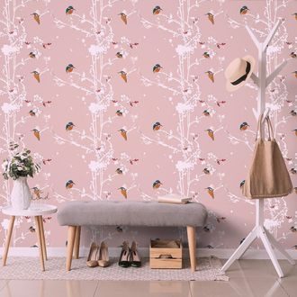 SELF ADHESIVE WALLPAPER BIRDS IN A DENSE FOREST WITH A PINK BACKGROUND - SELF-ADHESIVE WALLPAPERS - WALLPAPERS