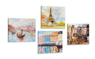 CANVAS PRINT SET PAINTED CITIES IN PASTEL COLORS - SET OF PICTURES - PICTURES