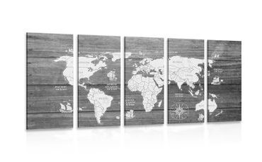 5-PIECE CANVAS PRINT BLACK AND WHITE MAP ON WOOD - PICTURES OF MAPS - PICTURES