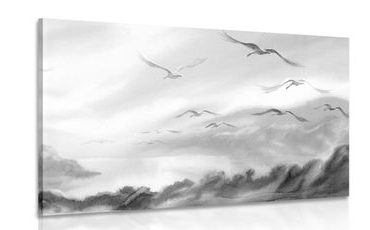CANVAS PRINT BIRDS FLYING OVER THE LANDSCAPE IN BLACK AND WHITE - BLACK AND WHITE PICTURES - PICTURES