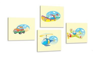 CANVAS PRINT SET CUTE MEANS OF TRANSPORT - SET OF PICTURES - PICTURES