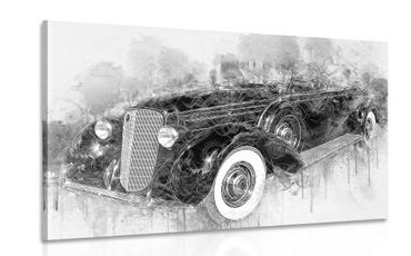 CANVAS PRINT HISTORIC RETRO CAR IN BLACK AND WHITE - BLACK AND WHITE PICTURES - PICTURES