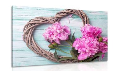 CANVAS PRINT PEONIES ON A WOODEN HEART - PICTURES LOVE - PICTURES