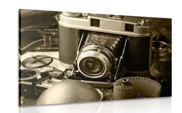 CANVAS PRINT OLD CAMERA IN SEPIA DESIGN - BLACK AND WHITE PICTURES - PICTURES