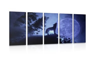 5-PIECE CANVAS PRINT WOLF IN FULL MOON - PICTURES OF ANIMALS - PICTURES