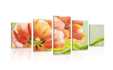 5-PIECE CANVAS PRINT RED TULIPS IN A VINTAGE DESIGN - PICTURES FLOWERS - PICTURES