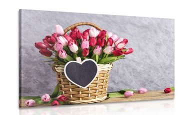 CANVAS PRINT RED TULIPS IN A WOODEN BASKET - PICTURES FLOWERS - PICTURES