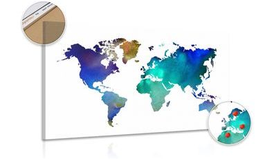 DECORATIVE PINBOARD COLORED MAP OF THE WORLD IN WATERCOLOR - PICTURES ON CORK - PICTURES