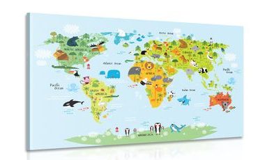 CANVAS PRINT CHILDREN'S MAP OF THE WORLD WITH ANIMALS - CHILDRENS PICTURES - PICTURES