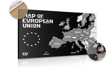 DECORATIVE PINBOARD EDUCATIONAL MAP WITH THE NAMES OF THE COUNTRIES OF THE EUROPEAN UNION IN BLACK AND WHITE - PICTURES ON CORK - PICTURES