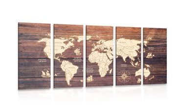 5-PIECE CANVAS PRINT MAP ON WOOD - PICTURES OF MAPS - PICTURES