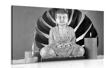 CANVAS PRINT BUDDHA WITH A RELAXING STILL LIFE IN BLACK AND WHITE - BLACK AND WHITE PICTURES - PICTURES