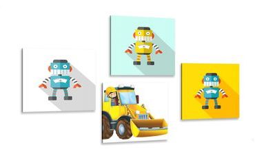 CANVAS PRINT SET ROBOTS WITH A YELLOW CAR - SET OF PICTURES - PICTURES