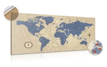 DECORATIVE PINBOARD WORLD MAP WITH A COMPASS IN RETRO STYLE - PICTURES ON CORK - PICTURES