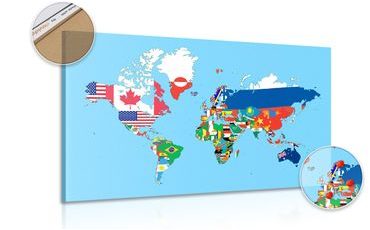 DECORATIVE PINBOARD WORLD MAP WITH FLAGS - PICTURES ON CORK - PICTURES