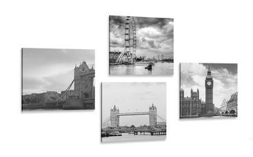 CANVAS PRINT SET MYSTERIOUS LONDON IN BLACK AND WHITE - SET OF PICTURES - PICTURES