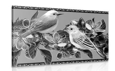 CANVAS PRINT BLACK AND WHITE BIRDS AND FLOWERS IN A VINTAGE DESIGN - BLACK AND WHITE PICTURES - PICTURES