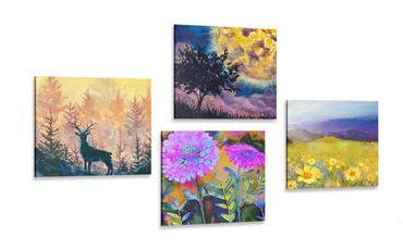 CANVAS PRINT SET IMITATION OF AN OIL PAINTING OF A DEER IN THE NATURE - SET OF PICTURES - PICTURES