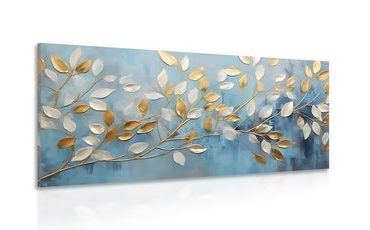 CANVAS PRINT GOLD-WHITE LEAVES ON A BLUE BACKGROUND - PICTURES OF TREES AND LEAVES - PICTURES